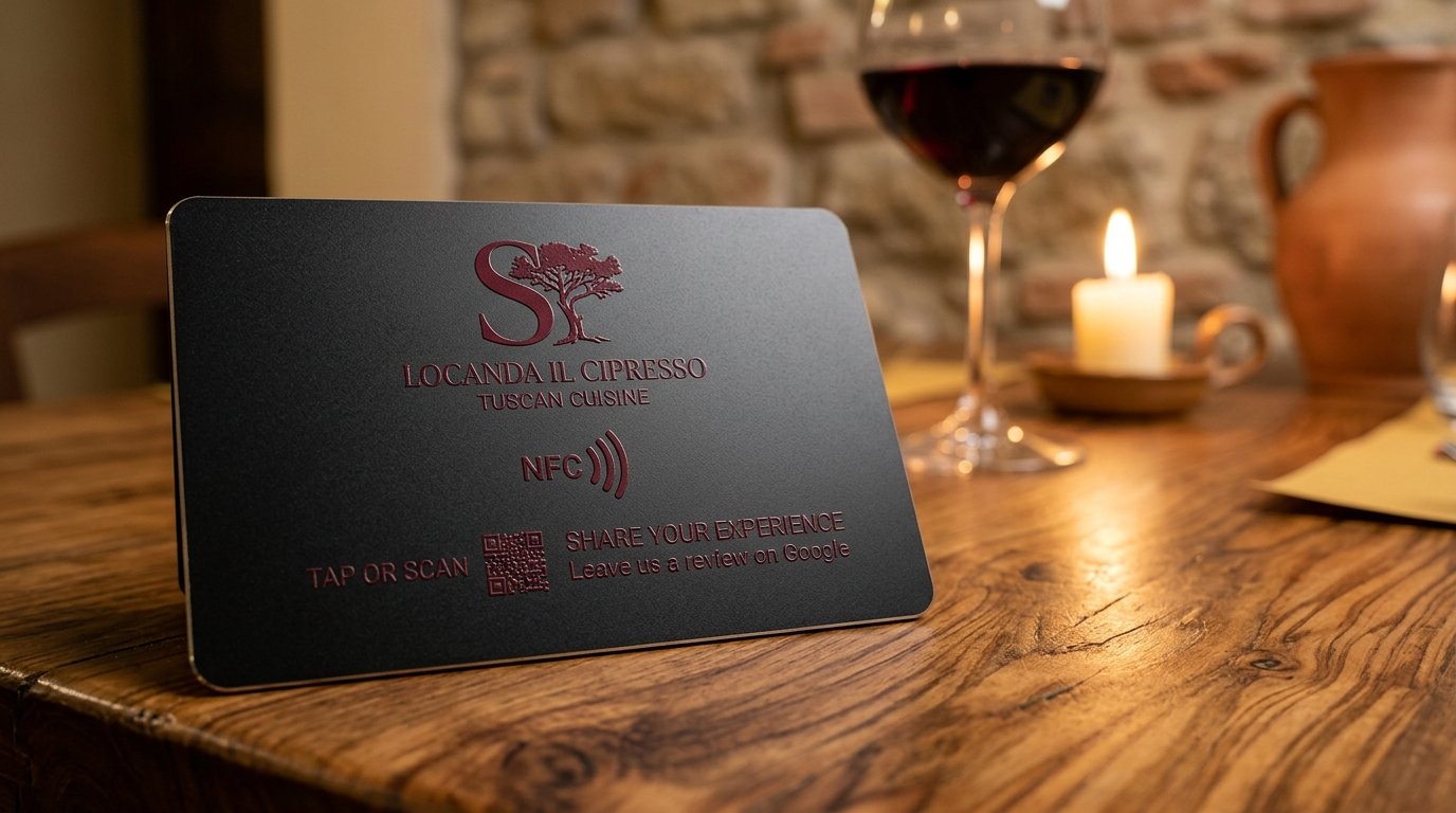 Targhetta NFC Silicon Chianti al tavolo in trattoria toscana